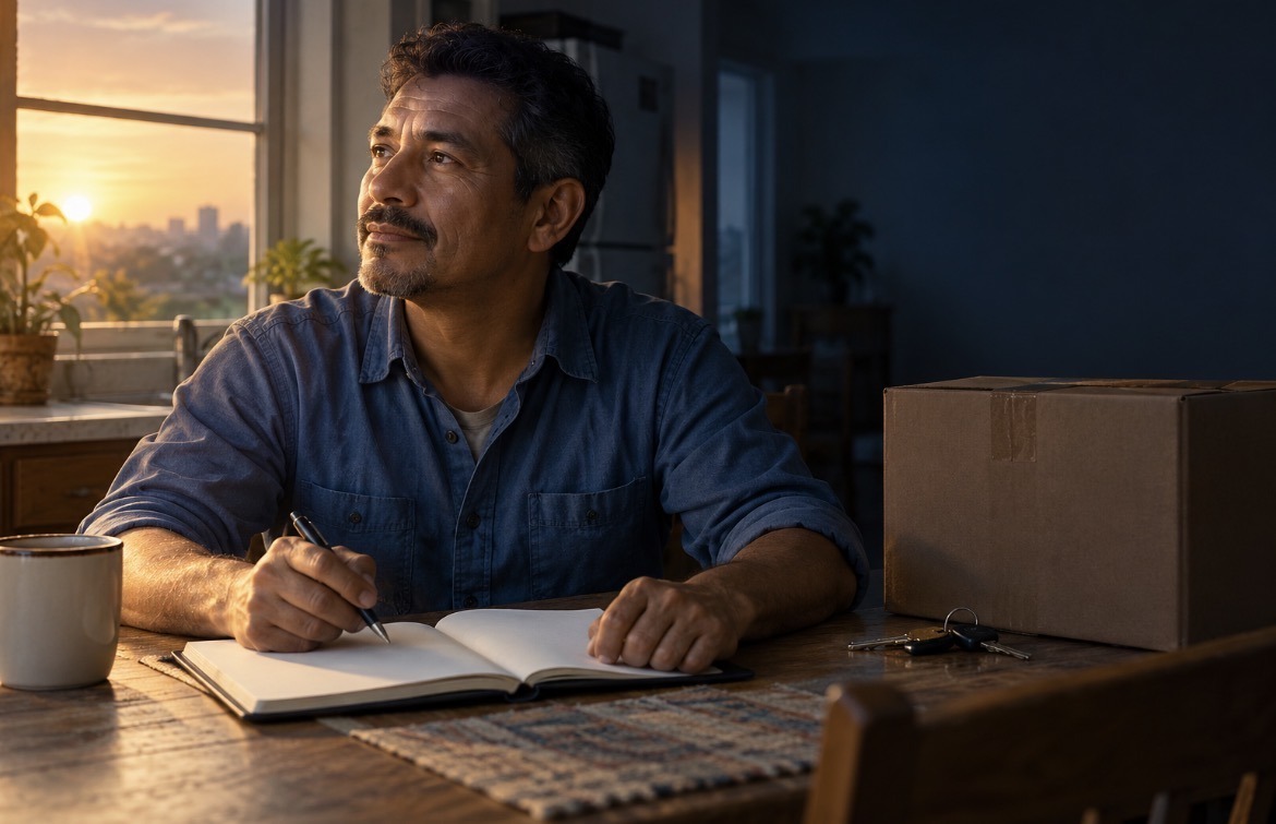 Man writing in a notebook beside a moving box at sunrise.