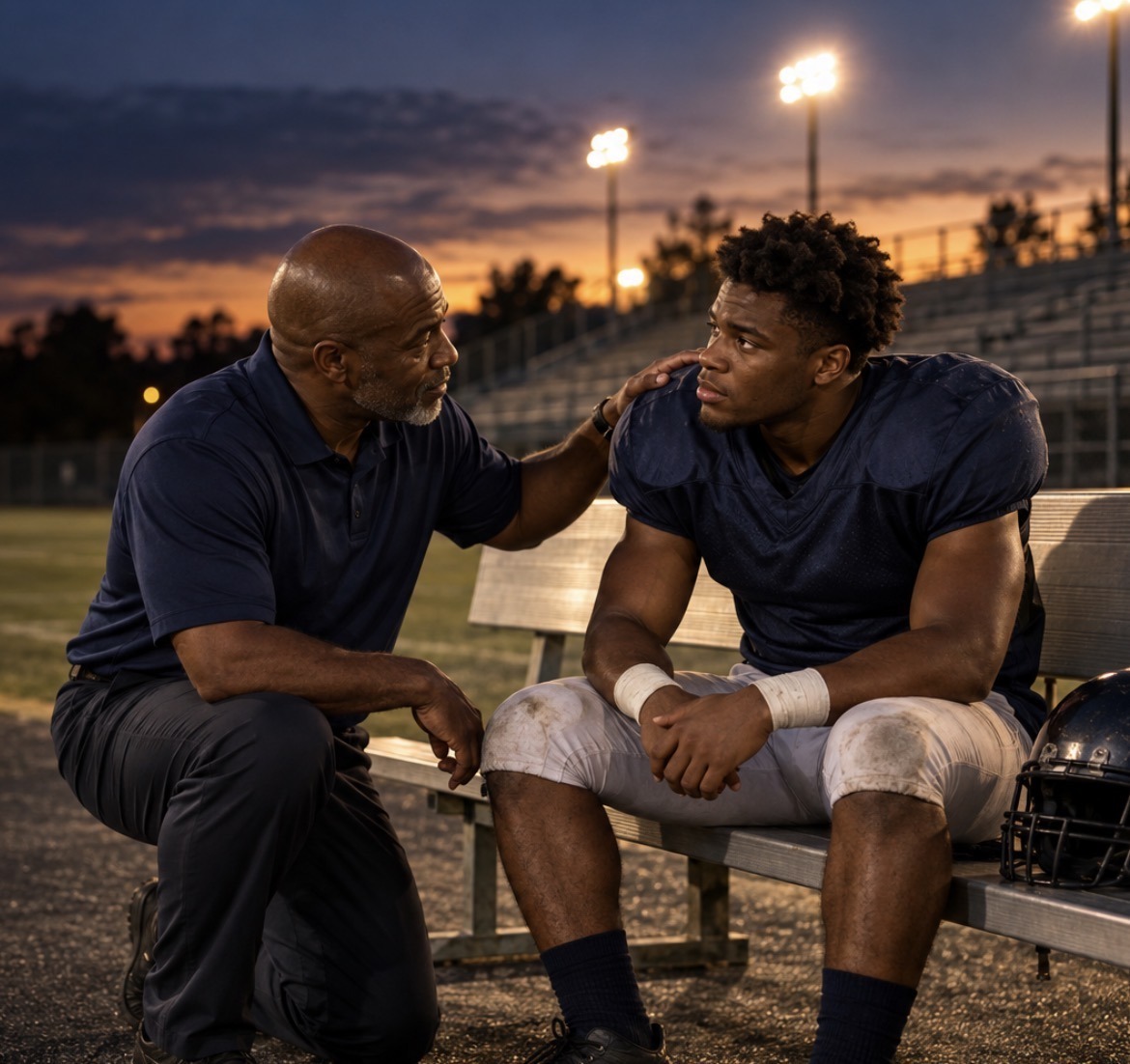 Coach encouraging a football player