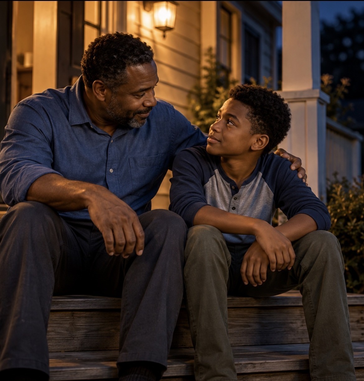 Father and son talking on porch steps
