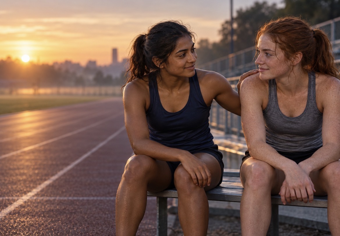 Two athletes talking beside a track