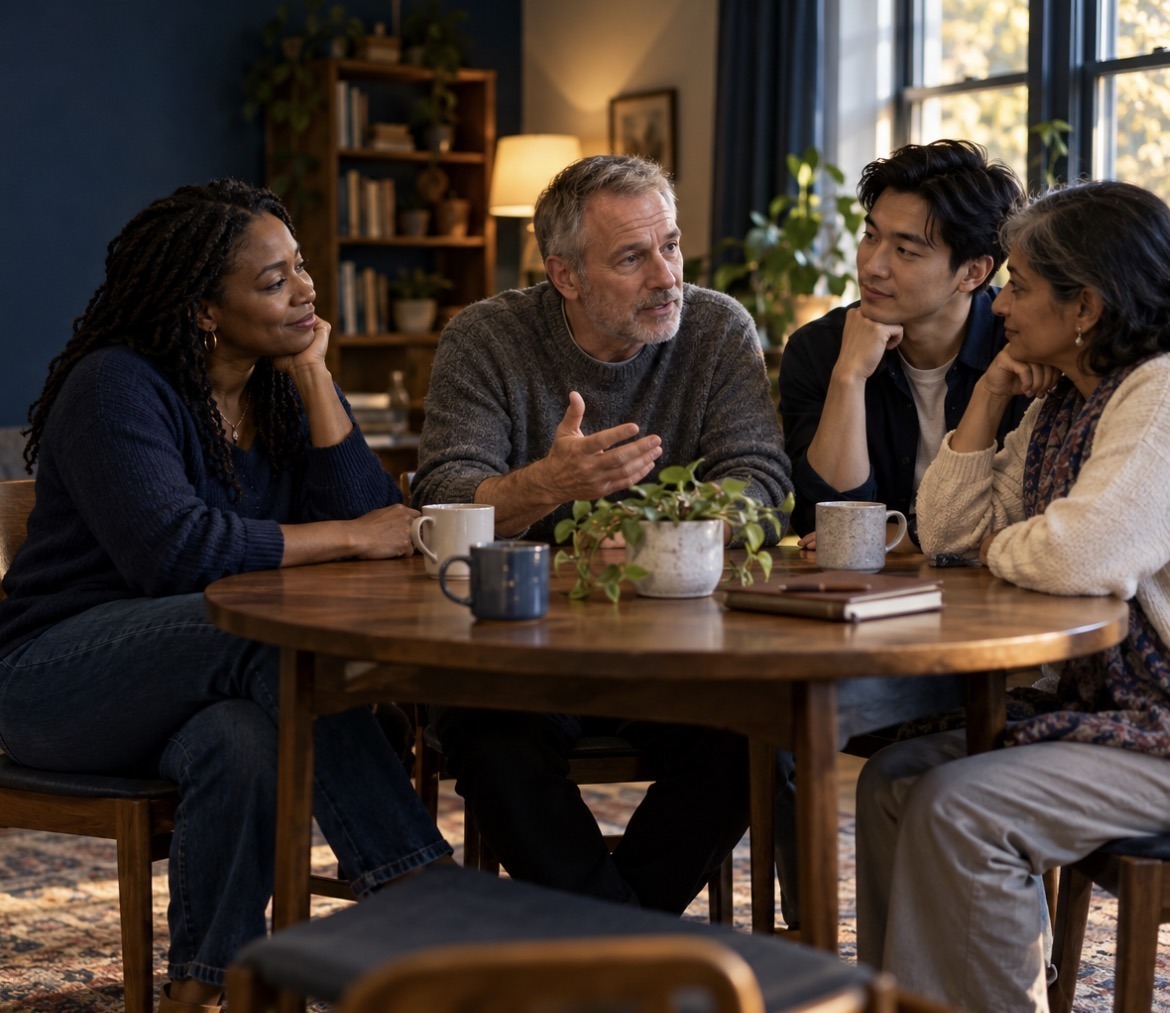 Four adults in conversation.