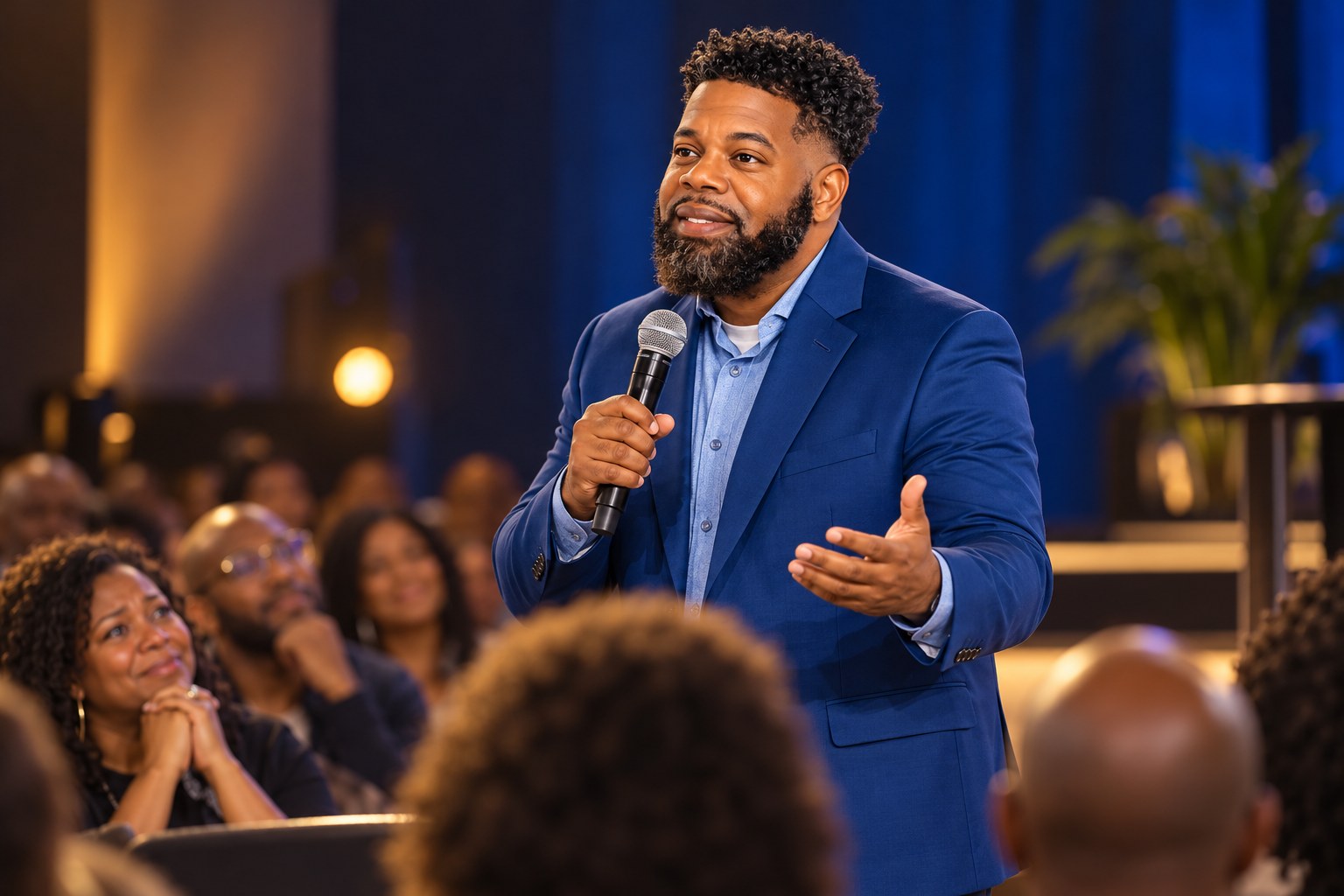 Jaron Dabney holding a microphone in a promotional speaking scene